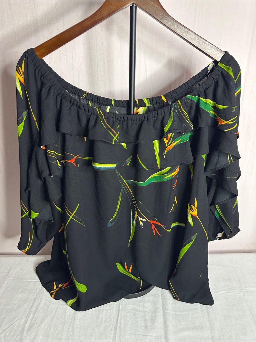 Worthington Black Off-Shoulder Floral Ruffle Top
